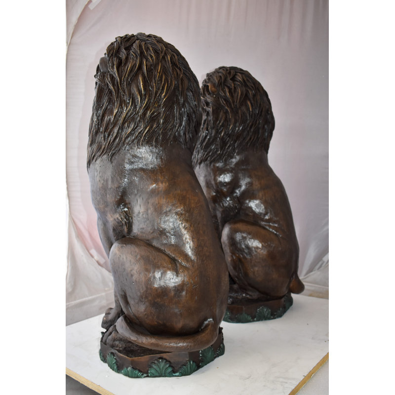 Pair Of Lions Sitting on Base Very Detailed Bronze Statues 13" x 26" x 34"H