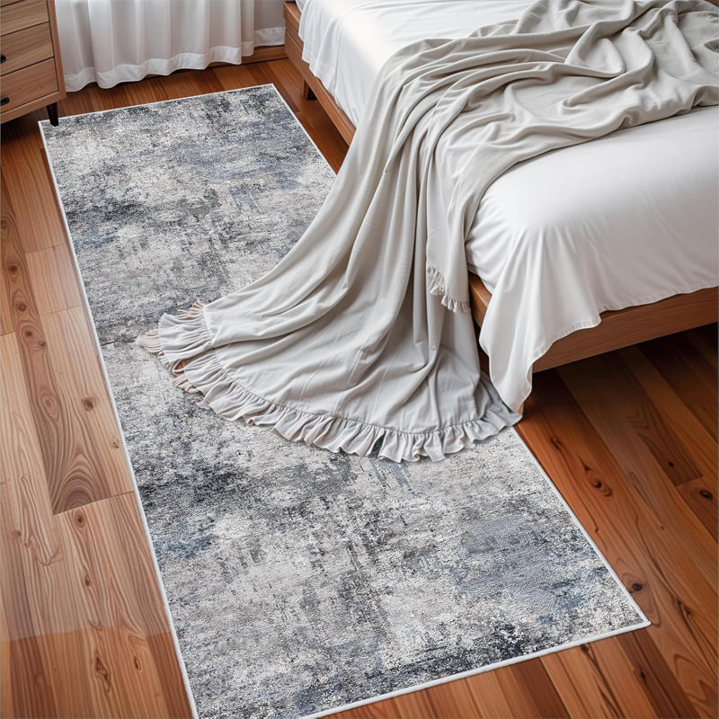 Willington Abstract Gray/Blue Rug, Runner 3' x 8'