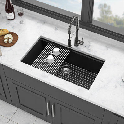 Quartz Kitchen Sink - 32" X 19" X 9.65" Black Granite Composite Workstation Undermount Kitchen Sink