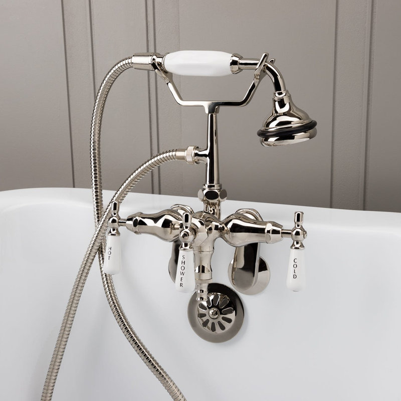 Clawfoot 3 Handle Deck Clawfoot Tub Faucet with Diverter, Polished Nickel