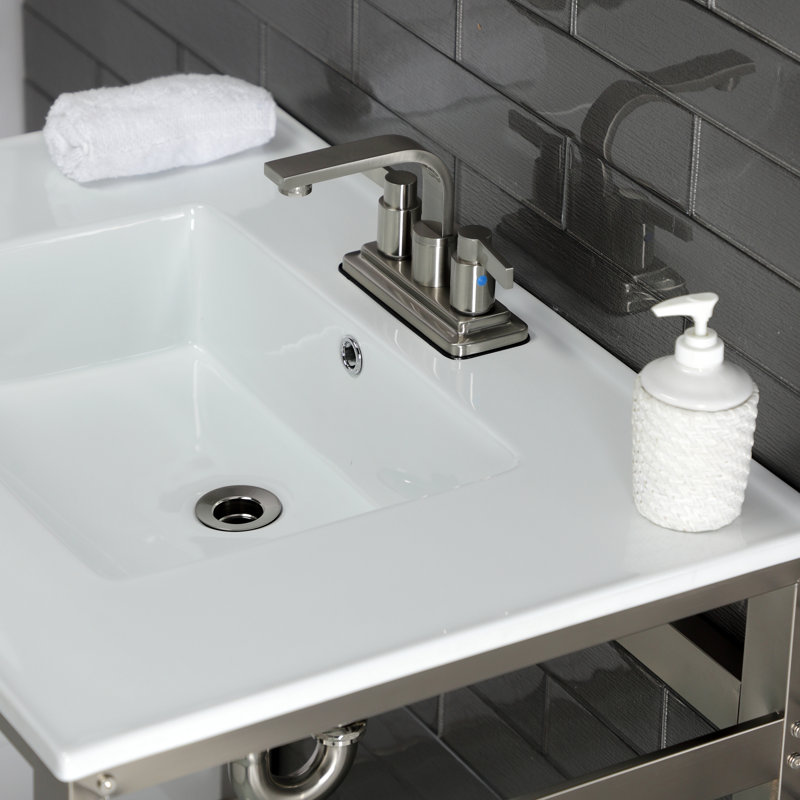 Lavabo de salle de bain console en céramique avec trop-plein, Blanc / nickel brossé, 4" Centres
