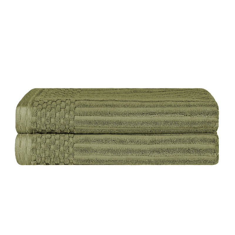 Yaholo Cotton Highly Absorbent Solid and Checkered Border Bath Towels, Sage
