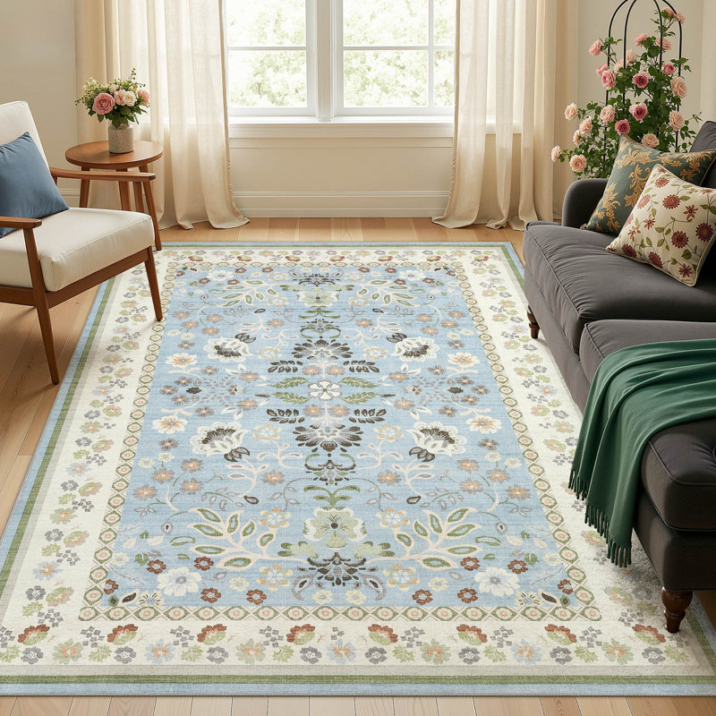 Washable Floral Boho Area Rug Modern with Non-Slip Backing for Living Room Bedroom-Blue, Rectangle 6' x 9', Blue
