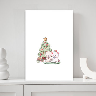 Christmas Animal Friends Abstract Contemporary Christmas Tree Cat Dog Winter Landscape Wall Art Print 1 Piece Wrapped Canvas Wall Art