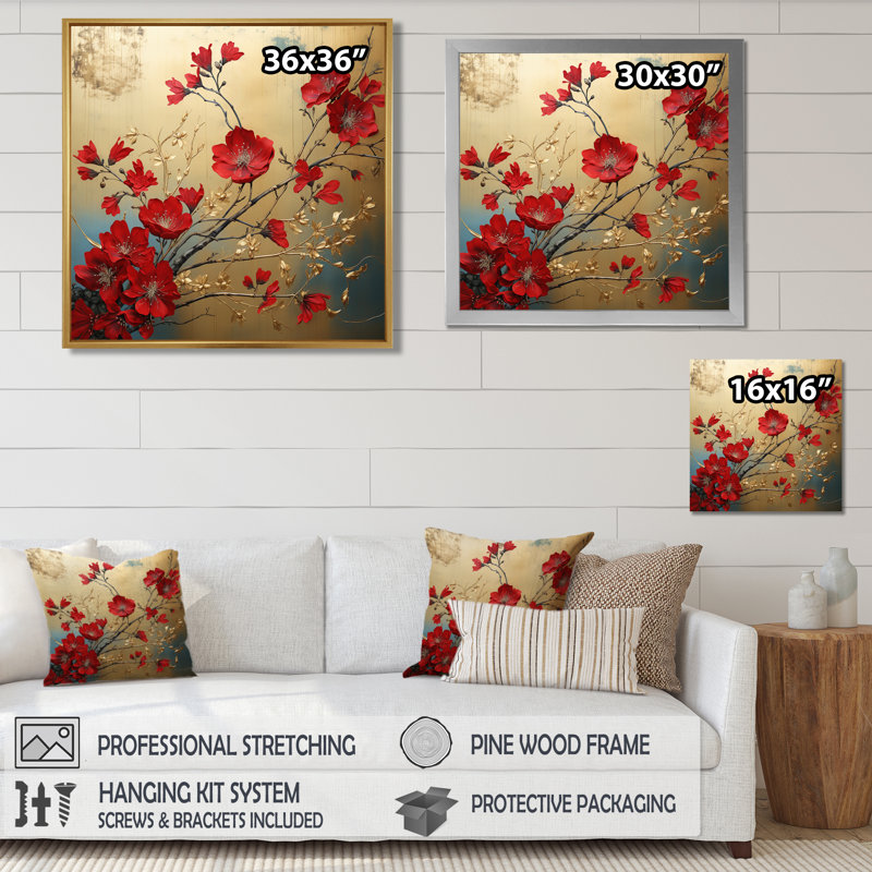 Fleurs de marguerite rouges sur fond or rétro - marguerite, Toile avec cadre flottant or, H 16 po x l 16 po x P 1 po
