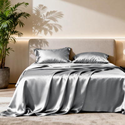 Ensemble de draps 4 pièces en satin gris satiné soyeux avec poches profondes