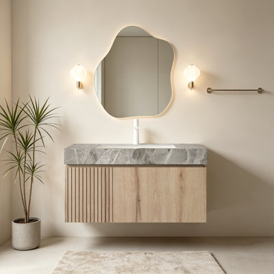 Luxury 36" Oak Bathroom Vanity & Sinks Modern Family Suspended Bathroom Cabinet Mid-Century Sintered Stone Bathroom Cabinet