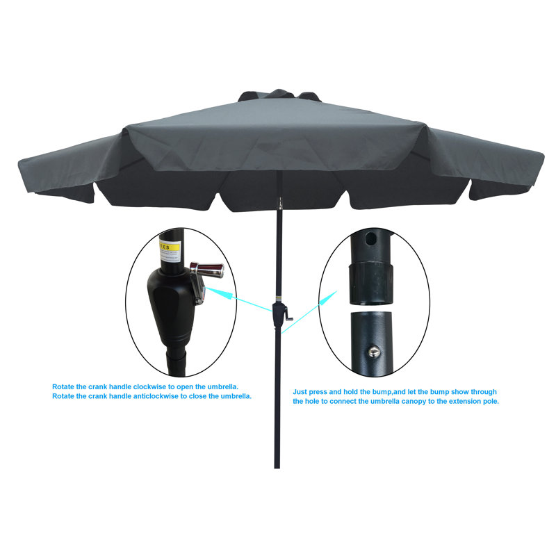Parasol de patio extérieur 10 pi (3M) avec rabat, 8 pièces, avec inclinaison, avec manivelle, sans base, gris / anthracite, taille de poteau 38 mm (1,49 pouce)