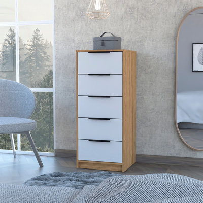 Commode 5 tiroirs, commode verticale - blanc / pin