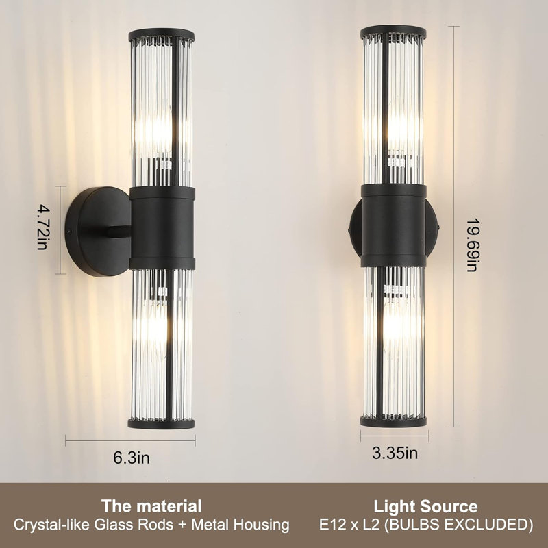 Luminaire de meuble-lavabo moderne 2 lumières noir mat avec abat-jour en verre pour miroir, chambre à coucher, couloir