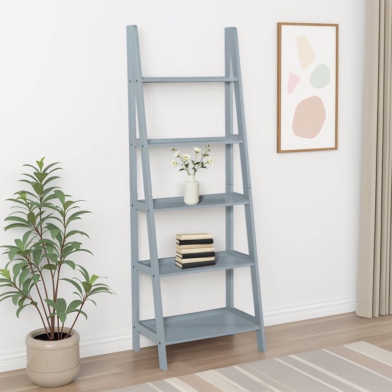 Natrona Gray 72" H x 25.25" W Solid Wood Five Shelf Ladder Bookcase, Gray
