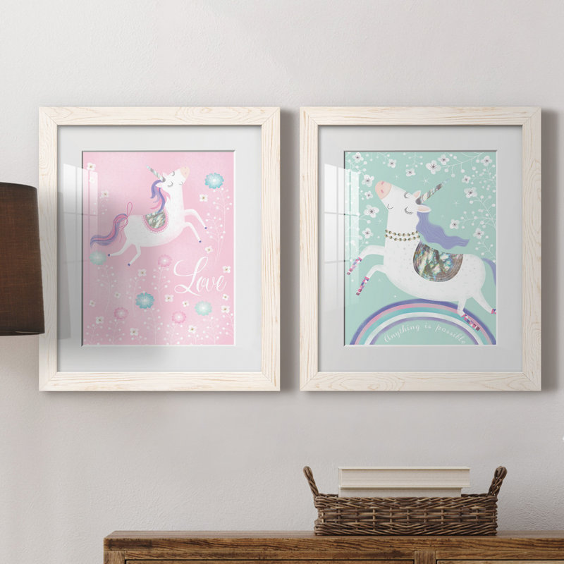 «Love Unicorn», ensemble de 2 impressions, Blanc, H 24 po x l 36 po x P 1,5 po, Papier encadré blanc