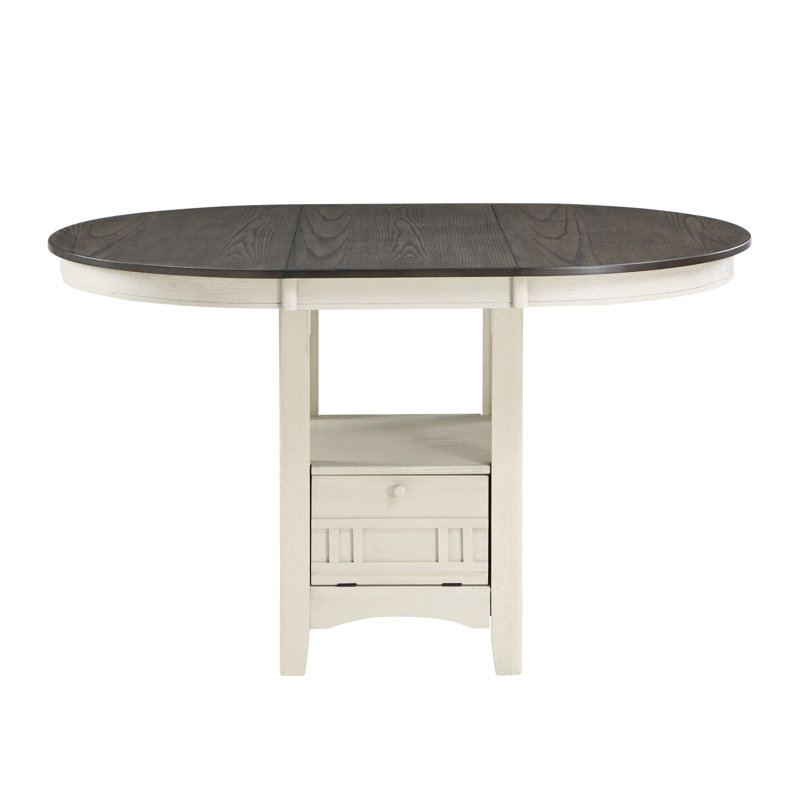  Table de salle à manger à hauteur de comptoir 1pc avec rallonge et base de rangement, Blanc, Brun