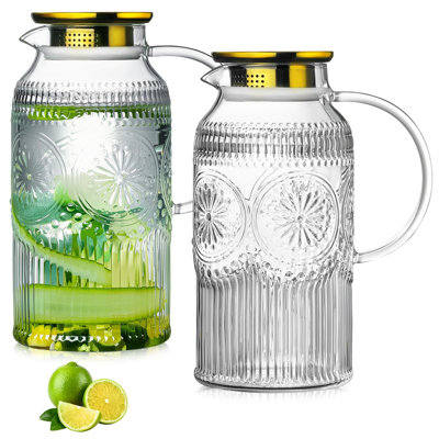 2 PACK Glass Pitcher with Lid, 68 oz Vintage Water Carafe for Fridge