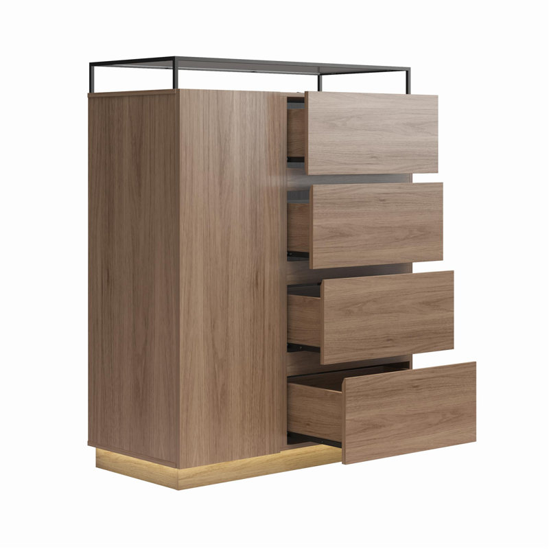 Tickhill 4-Drawer Dresser with Door, LED Lights and Glass Top, Danish Walnut