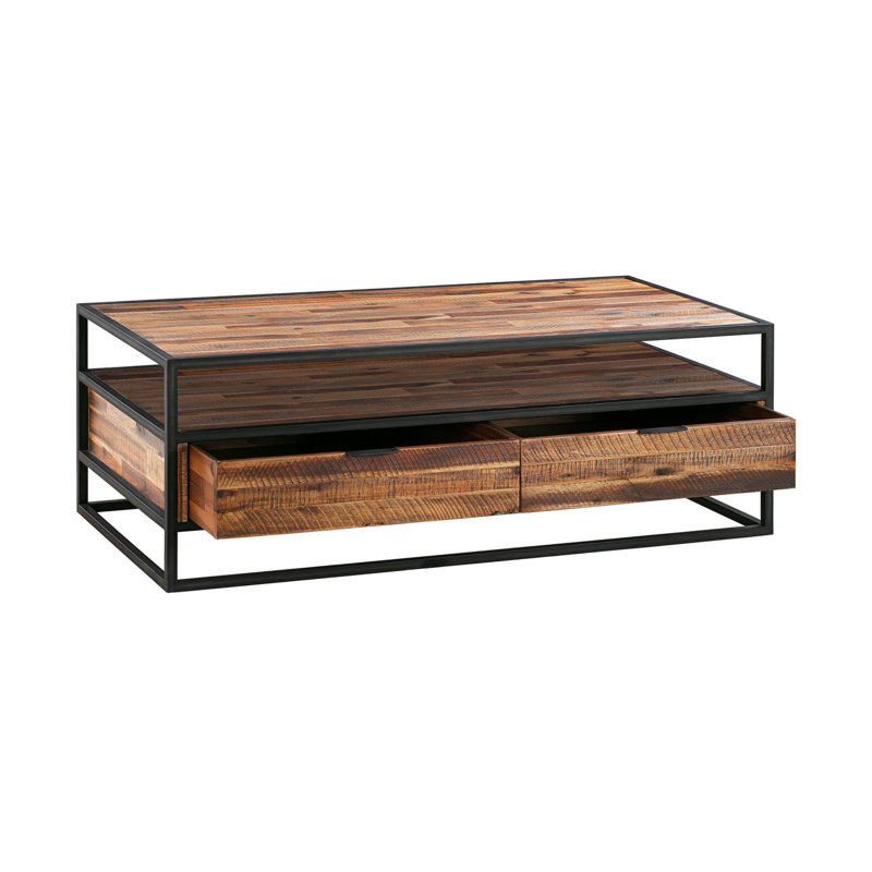 Dorleus 66" Wide Rectangle Coffee Table with Shelf in Acacia and Black Metal