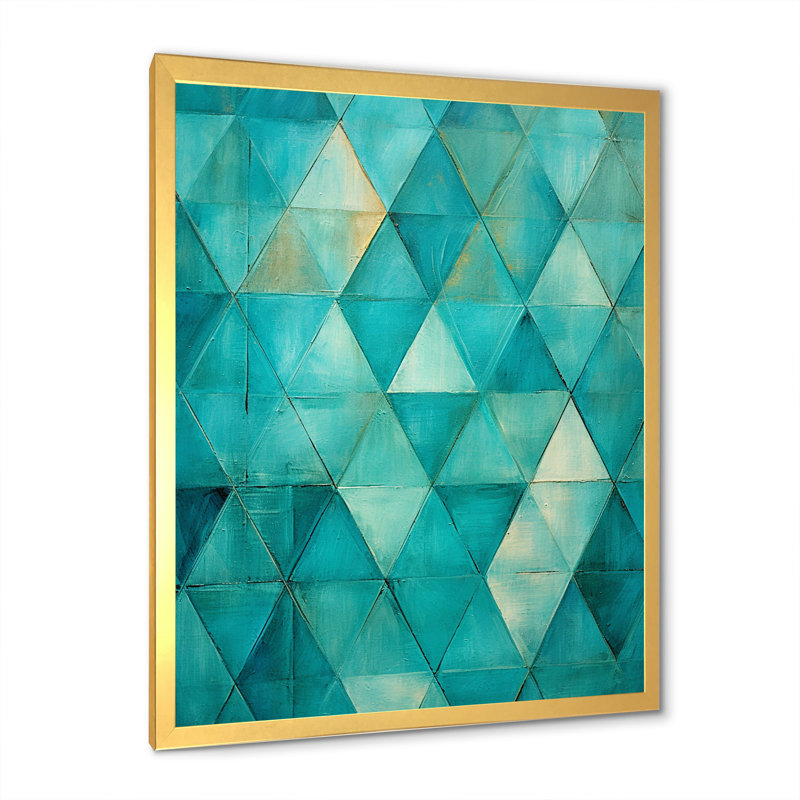 Turquoise Triangles I - formes abstraites, art mural, salon, Cadre photo doré simple, H 44 po x l 34 po x P 1,5 po