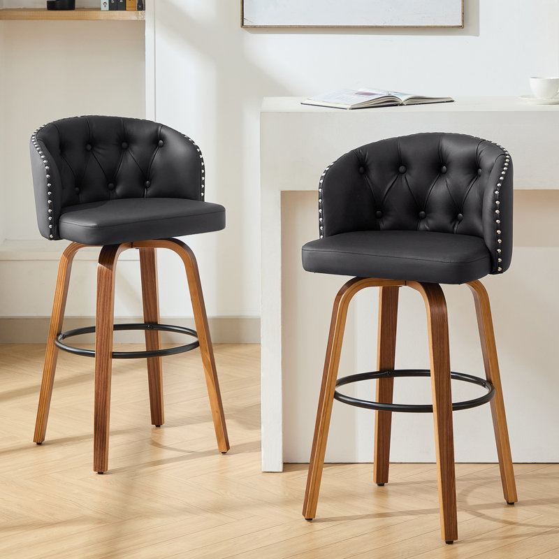 Counter Height Upholstered Swivel Bar Stools Set of 2, Modern Kitchen Island Chairs with Wide Backrest, Solid Wood Legs & Nailhead Trim