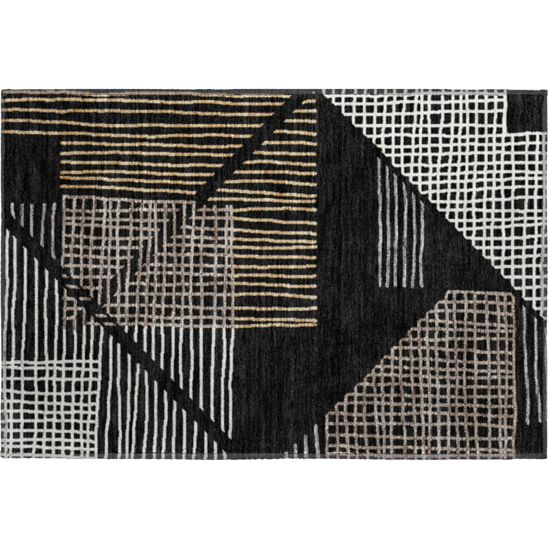 Premium Machine Washable Mayfield AMF2270 Striped Rug, 1'8" x 2'6", Black