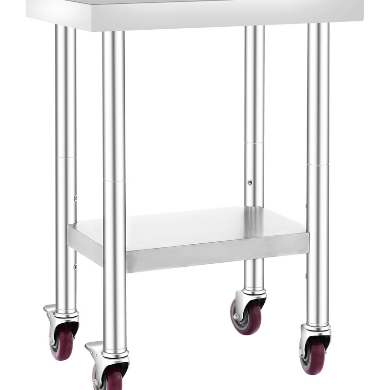 Table de travail 24 po x 18 po x 34 po en acier inoxydable avec tablette réglable à 3 niveaux, 4 roues et frein pour barre de rangement de cuisine