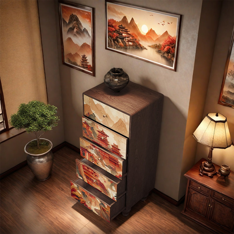 Armoire de rangement décorative à cinq tiroirs, Noyer