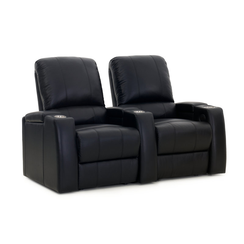 Causeuse de cinéma en cuir véritable de 67,75 po de largeur avec porte-gobelet, Cuir véritable noir luxueux, Manuel