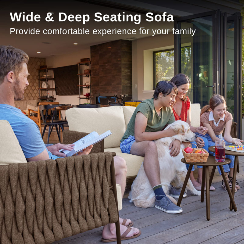 Chestnut Brown and Cream 5-Piece Outdoor Sofa Set with Round Tables