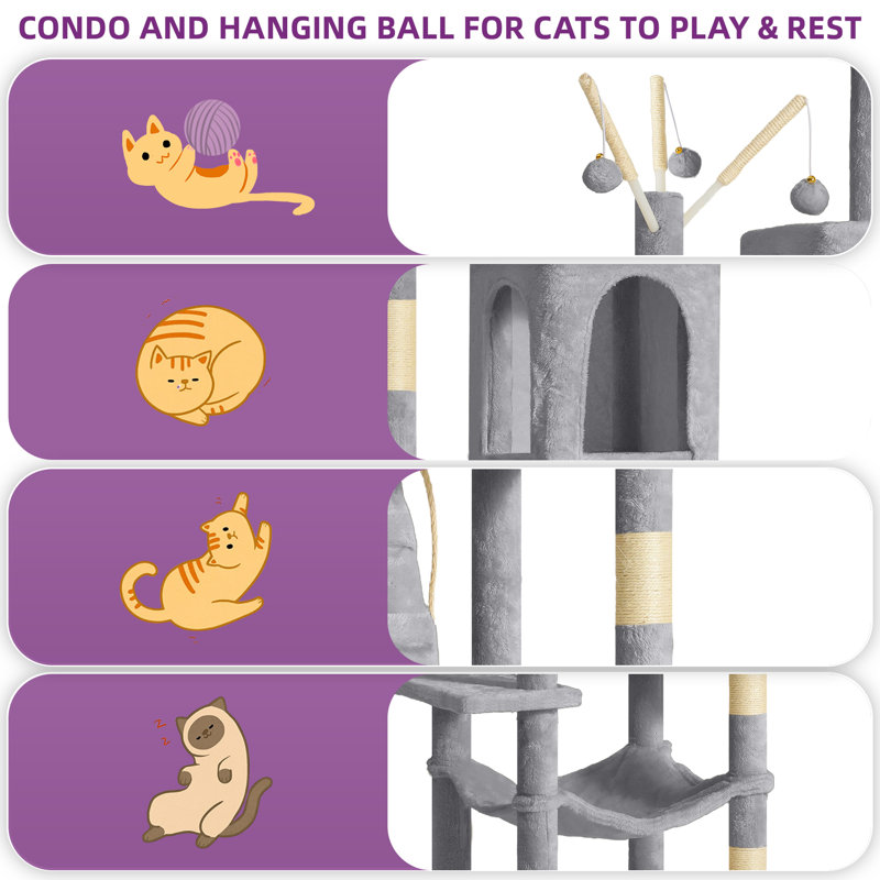 64.5" Multi-Level Cat Tree with Scratching Posts, Perch Hammock, and Playful Dangling Balls, Grey