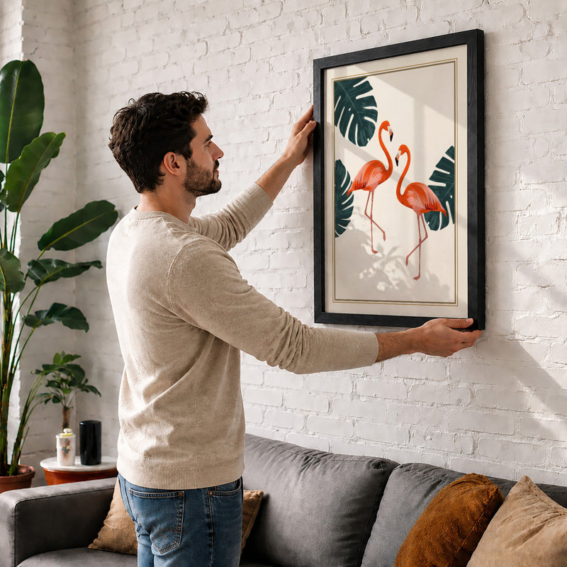 Flamingos and Monstera Botanical - Framed Print, A1 - 84.1 x 59.4 cm, White