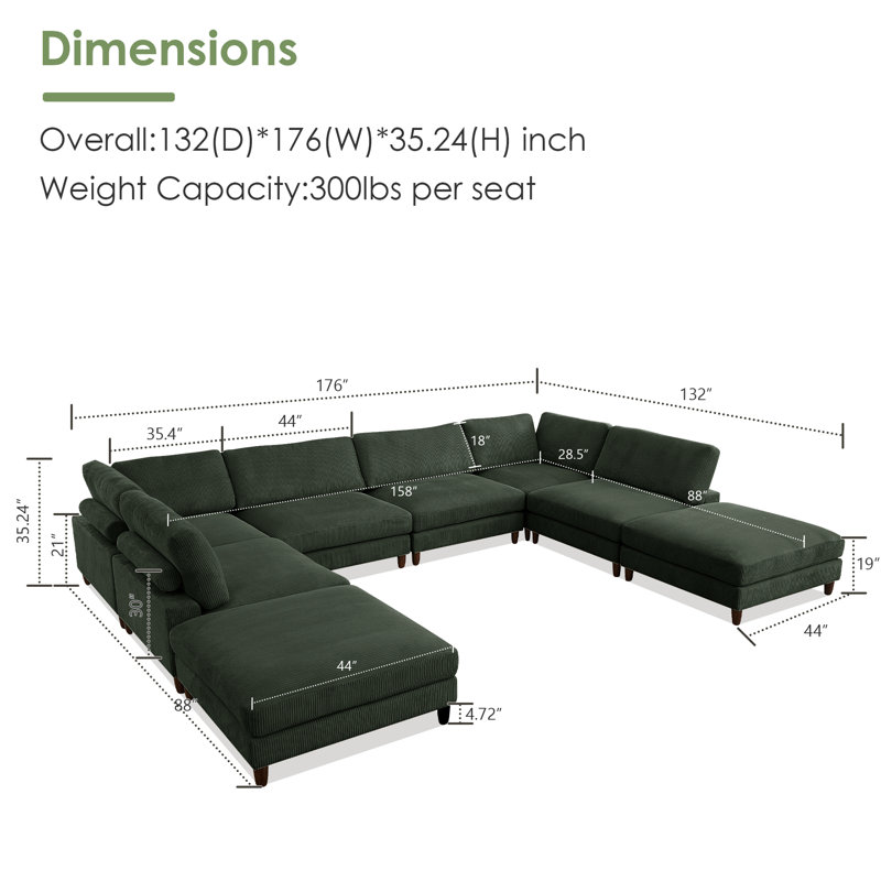 176" W 8-Piece Reversible Corduroy Modular Sectional , Green Corduroy