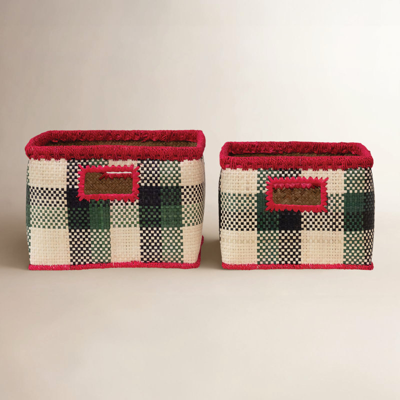 Hand-Woven Seagrass Baskets with Check Pattern & Fuchsia Trim
