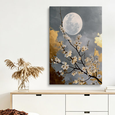 Modern Japandi Blossom Moon Framed Canvas Art  12*8 inch- Living Room Decor