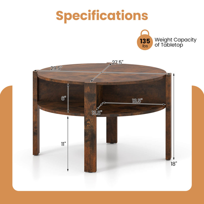 Table basse 29,5 "à 2 niveaux avec 4 tablettes, Brun