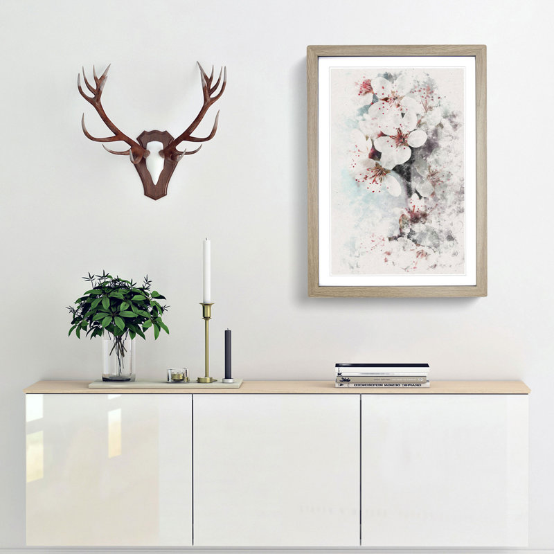 White Blossoms - Picture Frame Painting Print, 87cm H x 62cm W x 2cm D, Oak Framed