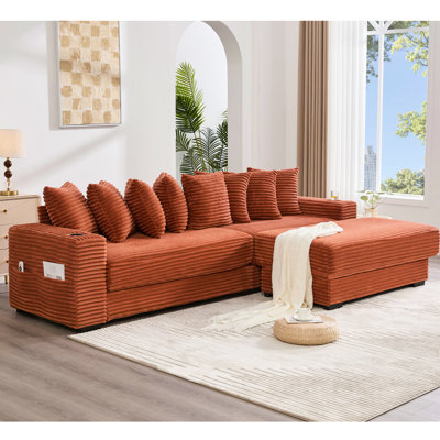 Canapé orange en forme de L en velours côtelé de 112,59 po, repose-pieds mobile, porte-gobelets, poche latérale, lit modulaire confortable avec deux rampes améliorées et trois poches pour magazines