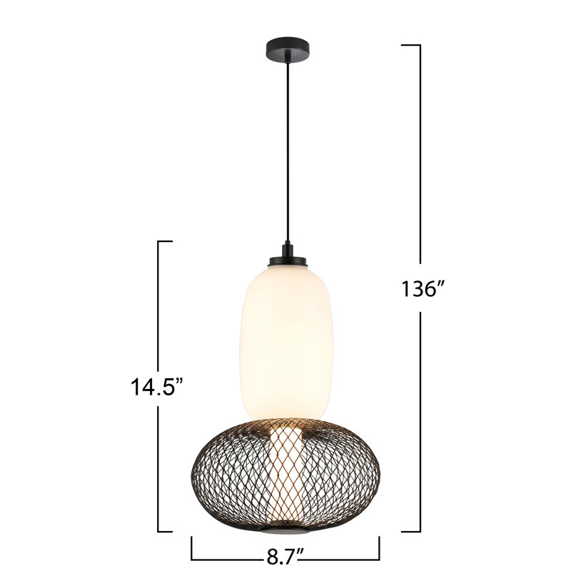 Ace - Luminaire suspendu à DEL intégré - Finition noire - Abat-jour en verre blanc opale