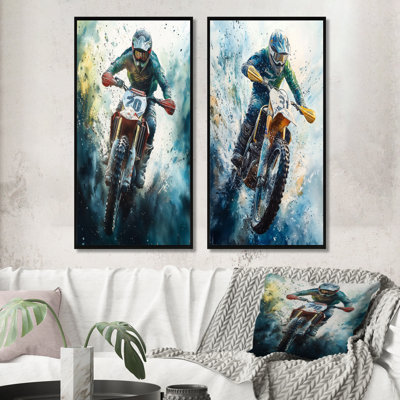 Green Moto X Step-Up Accented With Yellow I - Dirt Bike Wall Art 2 Pieces Set