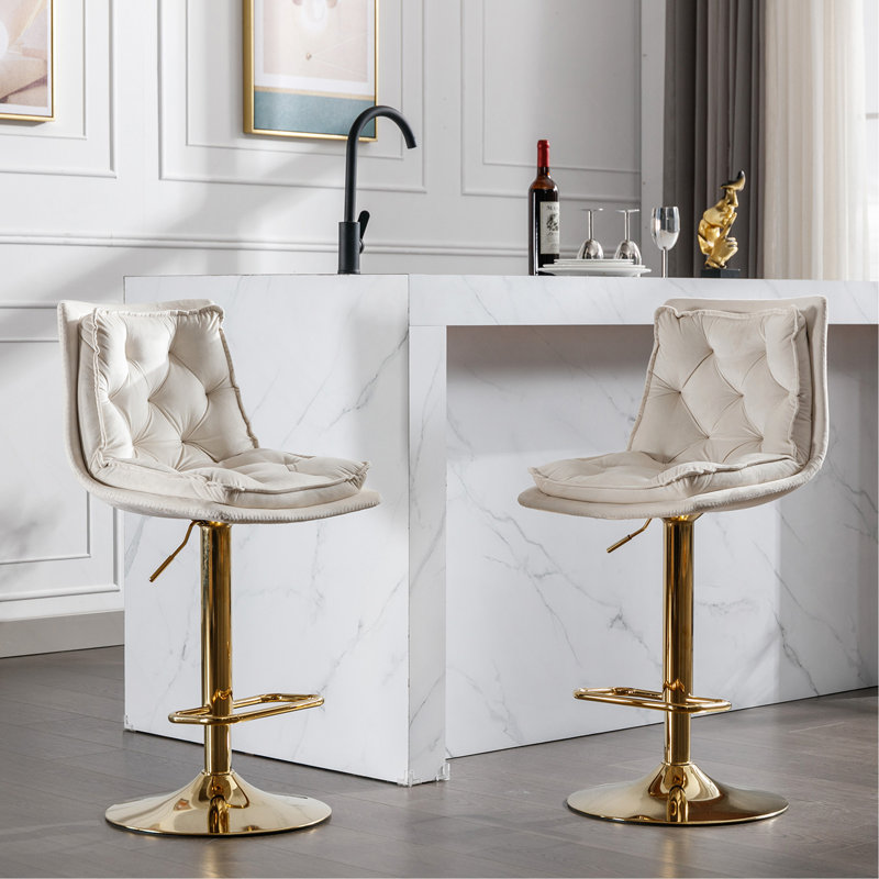 Set Of 2 Bar Stools,With Chrome Footrest And Base Swivel Height Adjustable Mechanical Lifting Velvet + Golden Leg Simple Bar Stoo,Cream