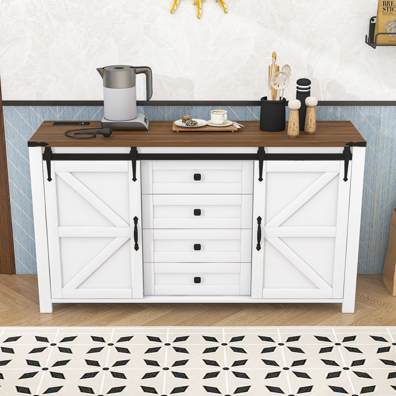 Rustic Storage Sideboard with 4 Drawers, Sliding Barn Doors and Built-In Power Outlet, Brown/White