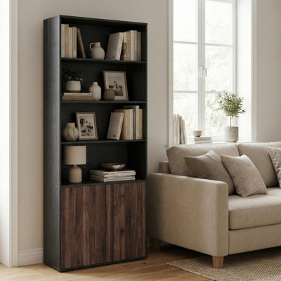 Grande bibliothèque, assemblage sans outils Superfast, bibliothèque à 6 niveaux avec porte, pour la chambre à coucher du salon, noir