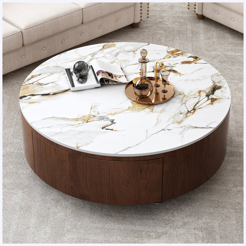 Table basse rustique ronde avec 2 tiroirs et plateau en pierre frittée, 10.2" H x 31.5" W x 31.5" D, White / Walnut