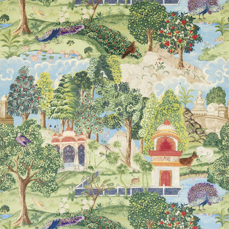 Peacock Garden Fabric, Green/Coral