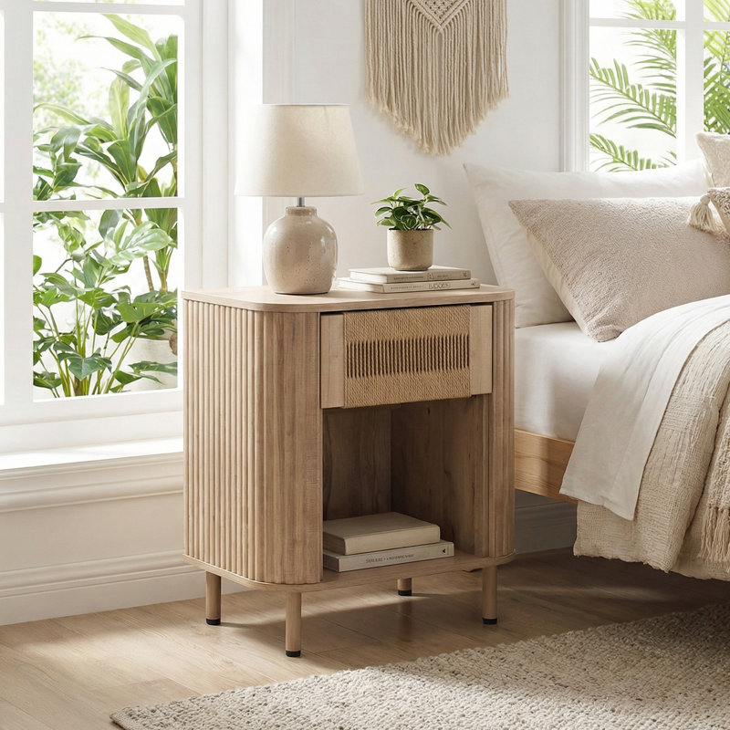 Cord End Table with Storage Drawer and Open Shelf Nightstand for Living Room, Bedroom, Natural Wood