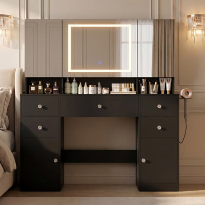 47"W LED Vanity Desk with Tri-Fold Mirror, 20W Fast Charging Type-C Power Outlet