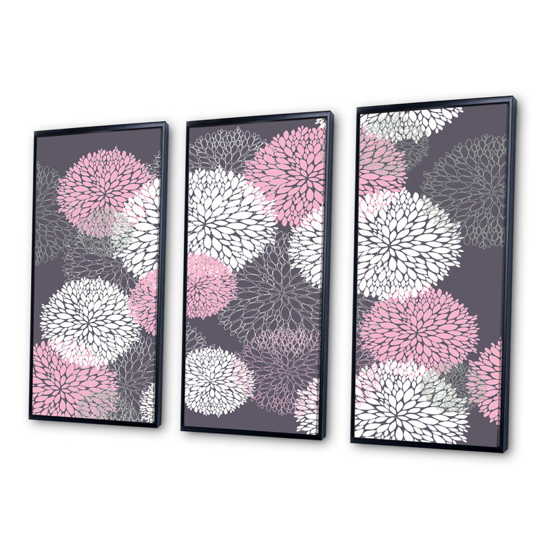 Ensemble de 3 reproductions d'art sur toile encadrées roses et blanches à motif floral Mid-Century, Cadre noir
