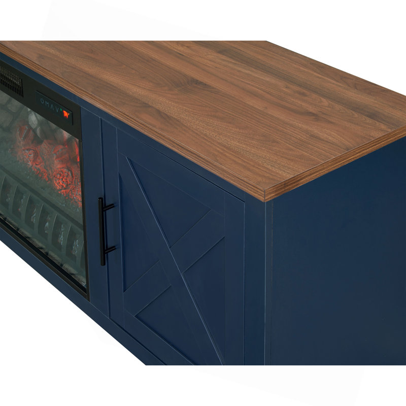 1 console multimédia avec foyer électrique bleu flammes, armoire latérale avec trous réglables, grille pour bûches, finition deux tons