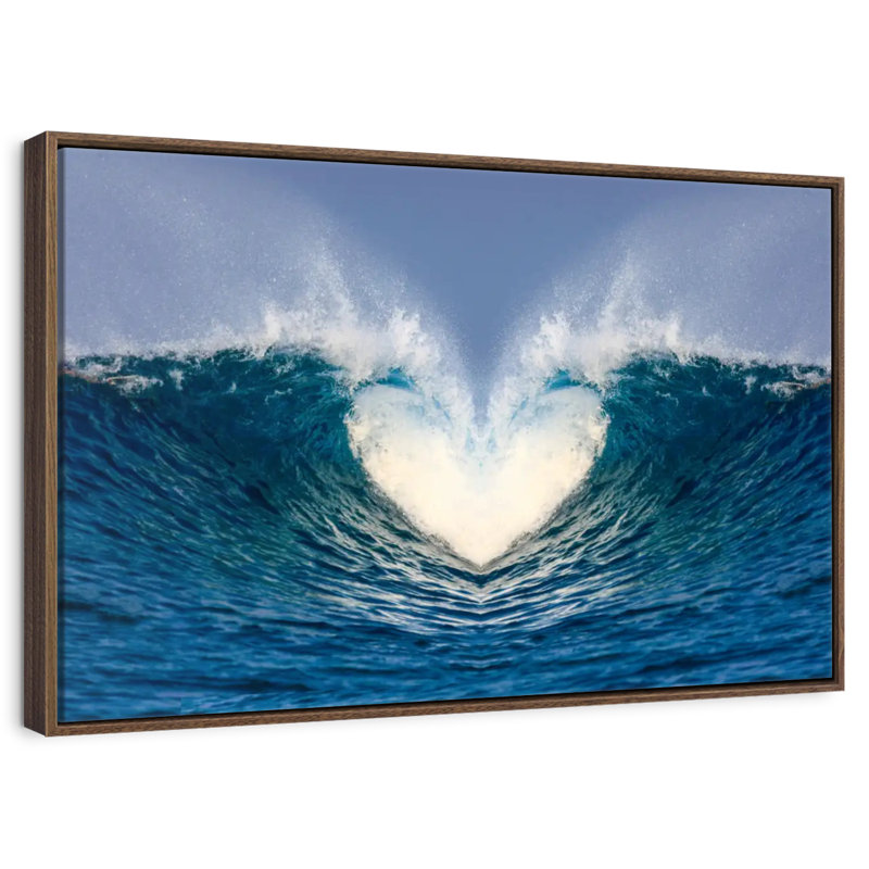 Vague de cœur océanique, 25 po x 17 po, Cadre flottant noyer