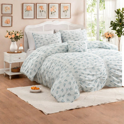 Ensemble de literie bleu pour lit double/queen, couette en microfibre froncée, style floral romantique