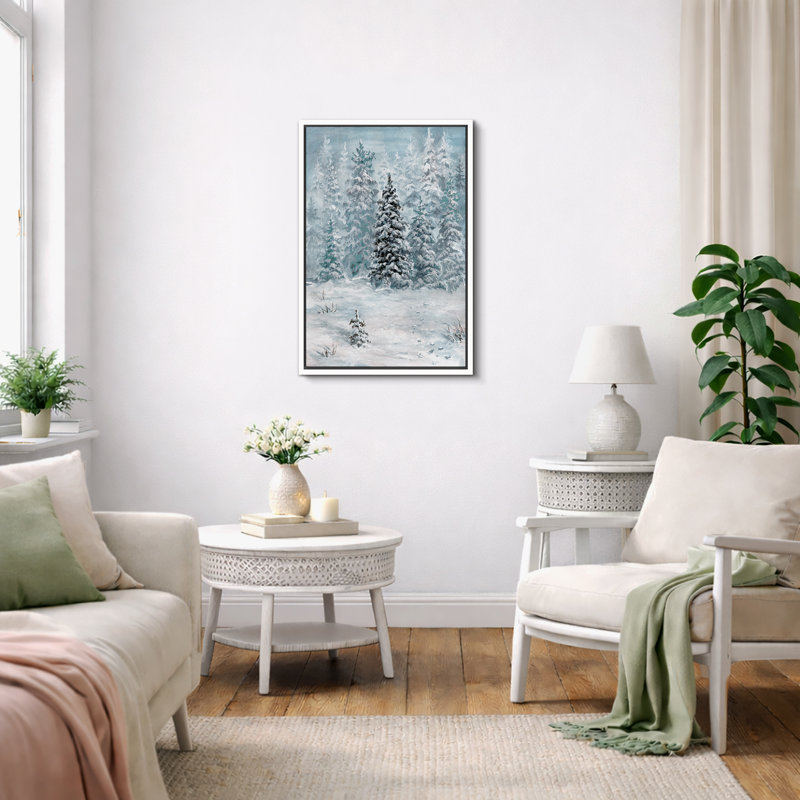 «Snowy Winter Pine Tree Forest Nature Landscape Decor», reproduction d'art sur toile encadrée, Cadre flottant blanc