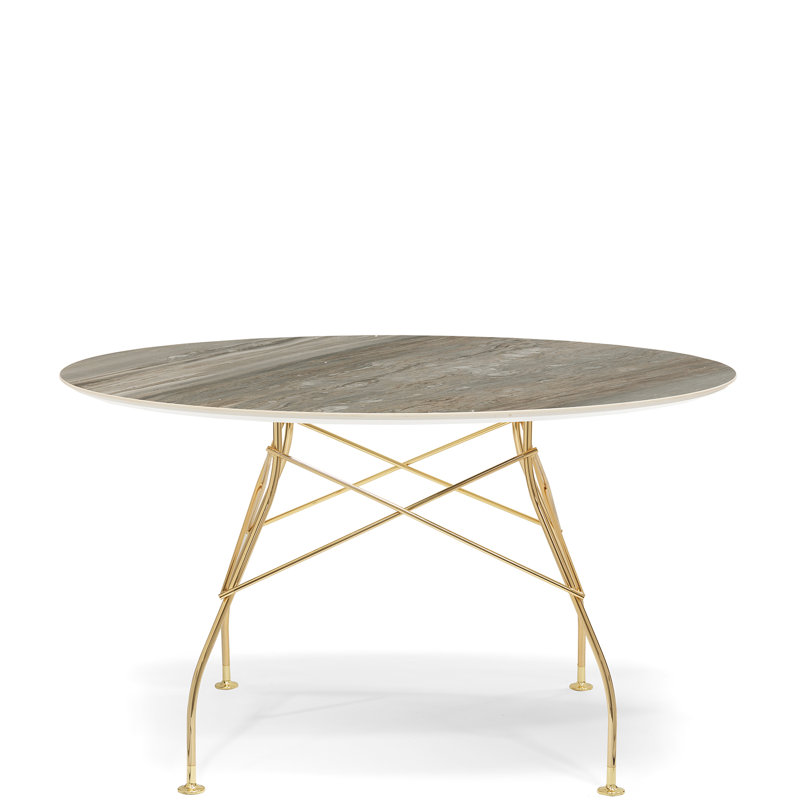 Glossy Round Dining Table, Gold, 50.39" W x 50.39" L, Symphonie Marble